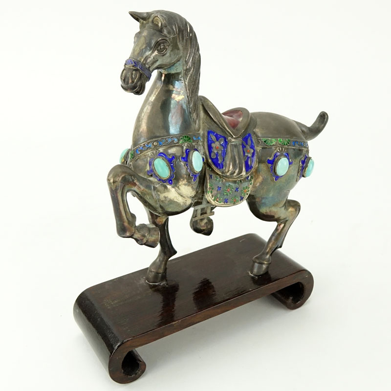Chinese Sterling Silver Enamel and Turquoise Inlaid Tang Style Horse Mounted on Wooden Base.