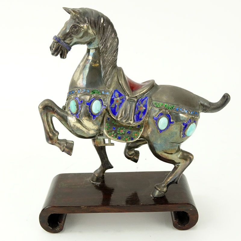 Chinese Sterling Silver Enamel and Turquoise Inlaid Tang Style Horse Mounted on Wooden Base.