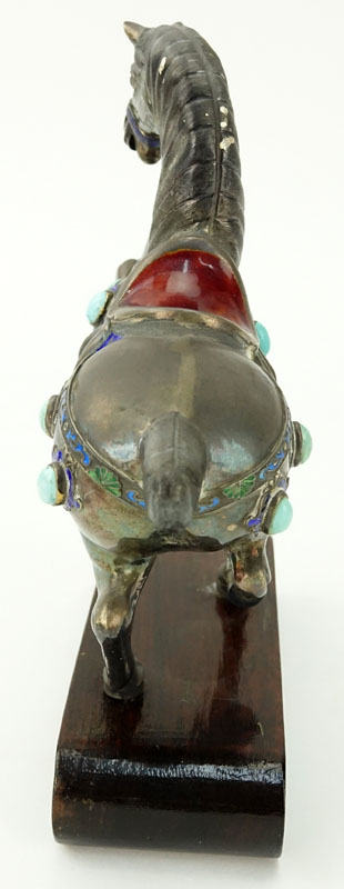 Chinese Sterling Silver Enamel and Turquoise Inlaid Tang Style Horse Mounted on Wooden Base.