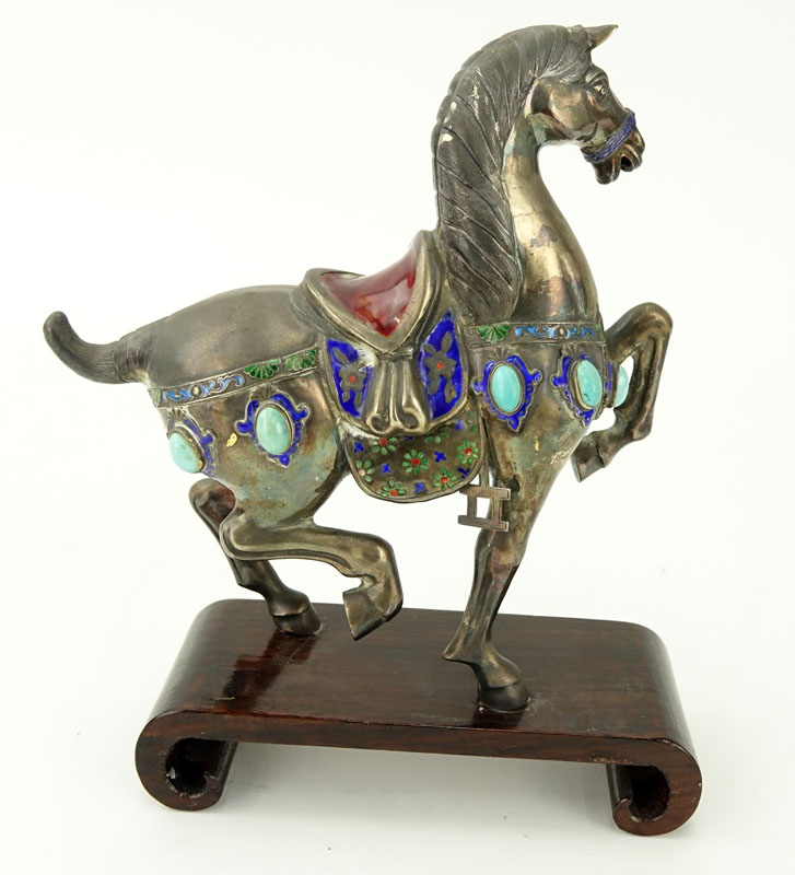 Chinese Sterling Silver Enamel and Turquoise Inlaid Tang Style Horse Mounted on Wooden Base.