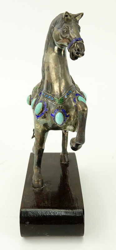 Chinese Sterling Silver Enamel and Turquoise Inlaid Tang Style Horse Mounted on Wooden Base.