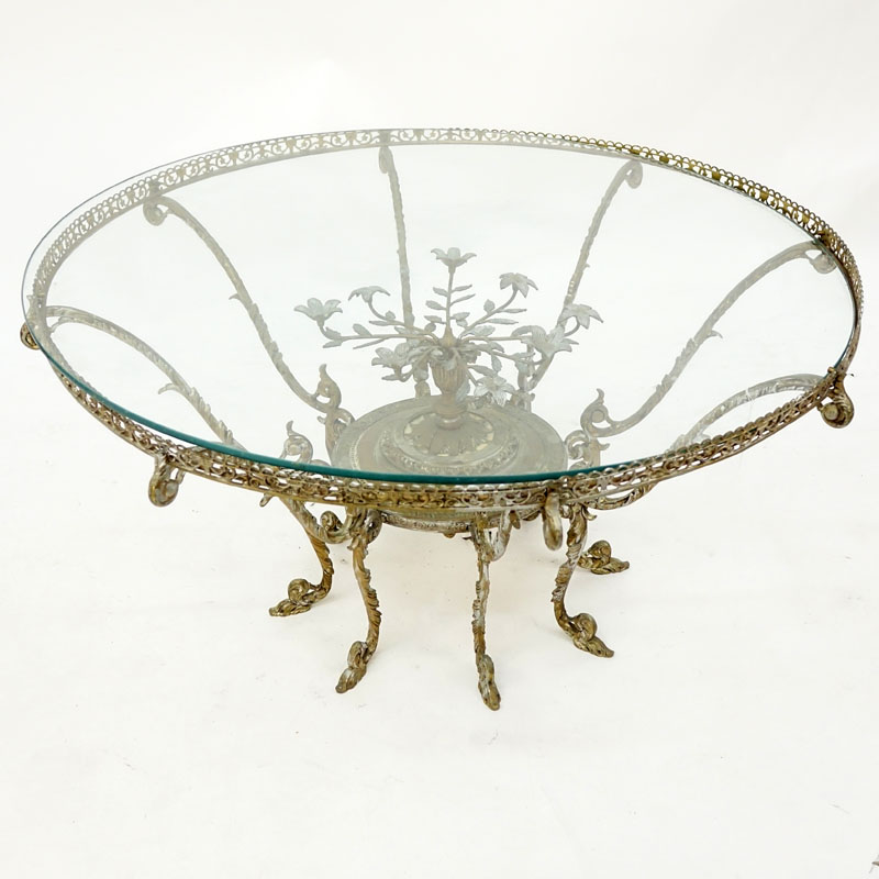 Mid Century Ornate Brass Coffee Table with Glass Top.