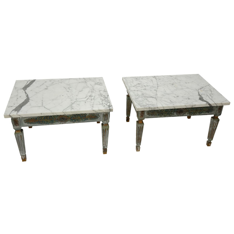 Pair of Mid Century Italian Painted End Tables with Marble Tops.