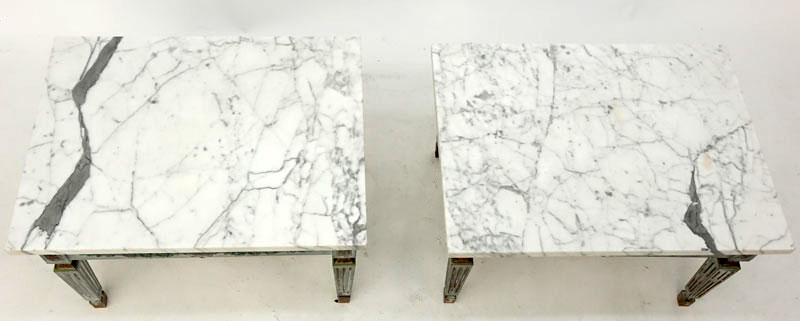 Pair of Mid Century Italian Painted End Tables with Marble Tops.