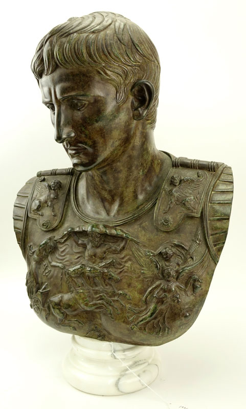 Large Modern Bronze Bust of Augustus Caesar On White Marble Socle.