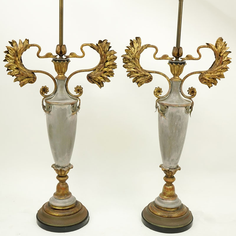 Pair of Mid Century Italian Painted Carved Wood and Tole Lamps.