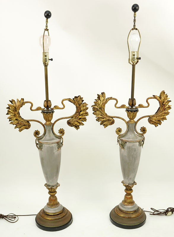 Pair of Mid Century Italian Painted Carved Wood and Tole Lamps.