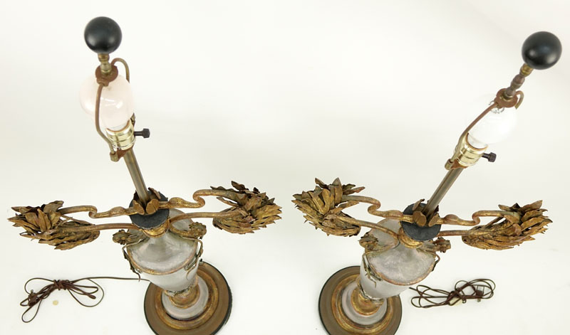 Pair of Mid Century Italian Painted Carved Wood and Tole Lamps.