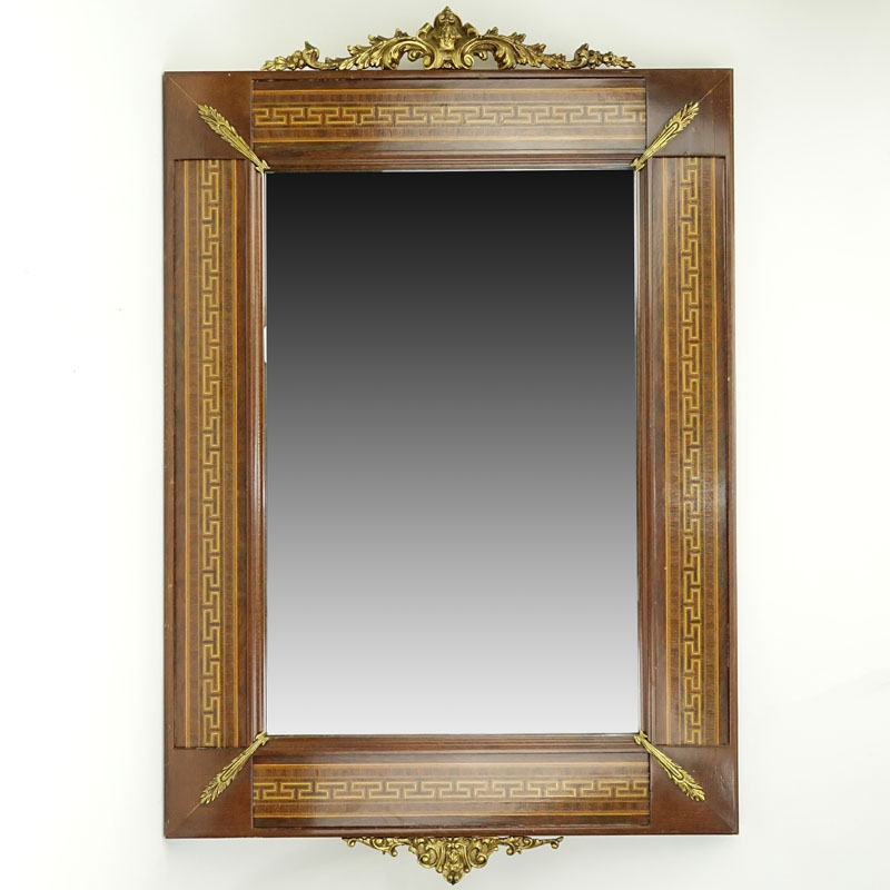 Modern Lacquered Wood Inlaid Wall Mirror with Brass Fittings.