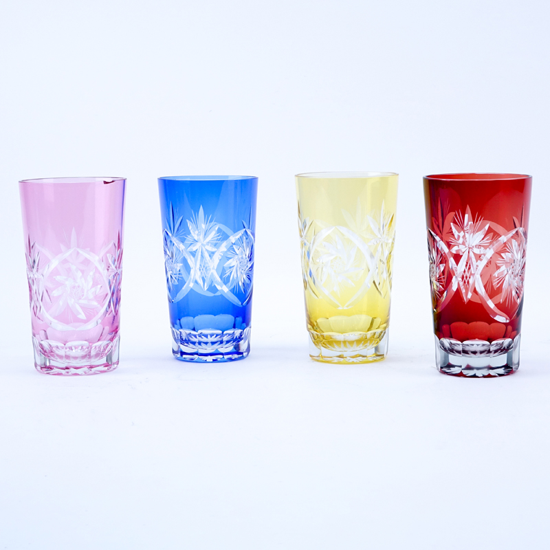 Set of Four (4) Multi-colored Cut Glass Tumblers.