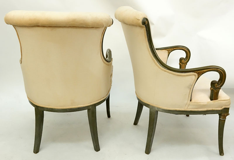 Pair of Mid Century Carved and Upholstered Arm Chairs.