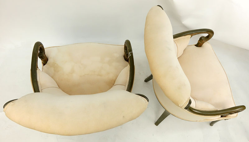 Pair of Mid Century Carved and Upholstered Arm Chairs.