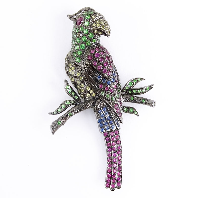 Vintage Multi Color Sapphire, Tsavorite Garnet and 18 Karat White Gold Parrot Pendant / Brooch. 