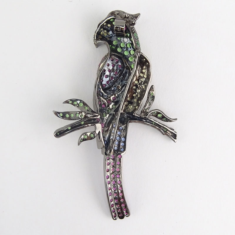 Vintage Multi Color Sapphire, Tsavorite Garnet and 18 Karat White Gold Parrot Pendant / Brooch. 