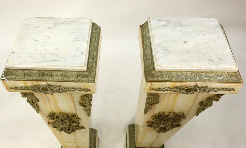 Pair of Antique Onyx Pedestal with Marble Tops.