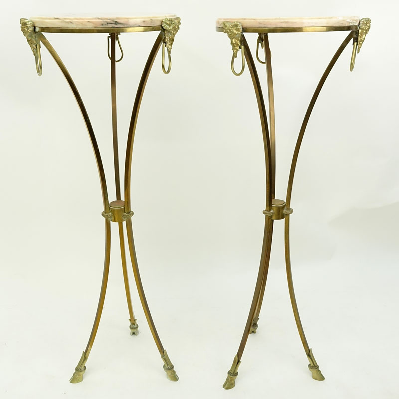 Pair of Marble Top Maison Jansen Style Brass Pedestal Tables.