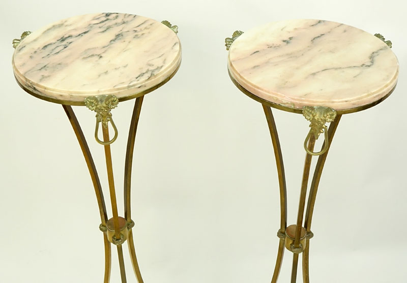 Pair of Marble Top Maison Jansen Style Brass Pedestal Tables.