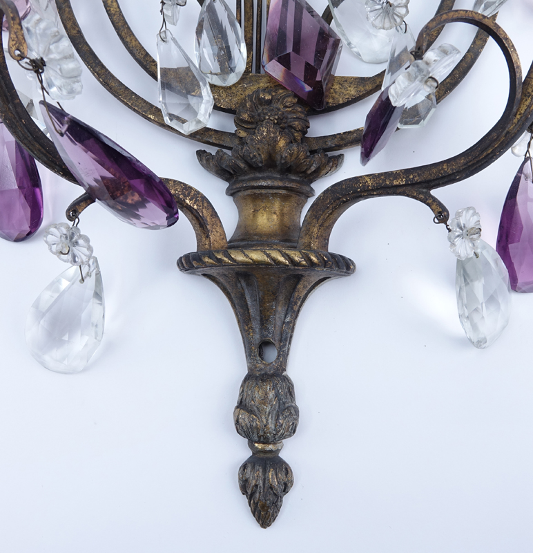 Pair of Vintage Brass Lyre Sconces with Amethyst and Glass Drops.