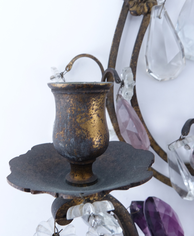 Pair of Vintage Brass Lyre Sconces with Amethyst and Glass Drops.