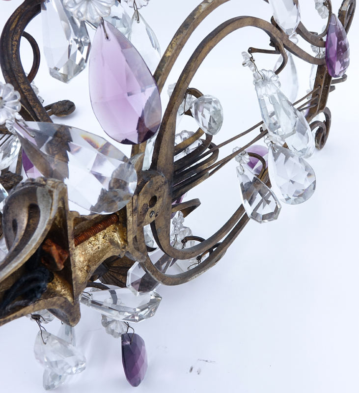 Pair of Vintage Brass Lyre Sconces with Amethyst and Glass Drops.
