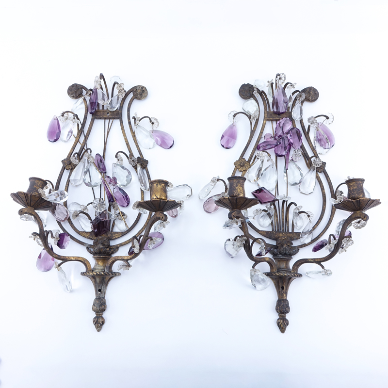 Pair of Vintage Brass Lyre Sconces with Amethyst and Glass Drops.