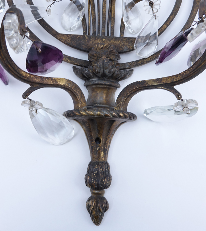 Pair of Vintage Brass Lyre Sconces with Amethyst and Glass Drops.