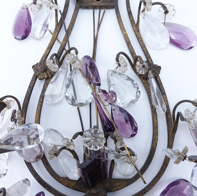 Pair of Vintage Brass Lyre Sconces with Amethyst and Glass Drops.