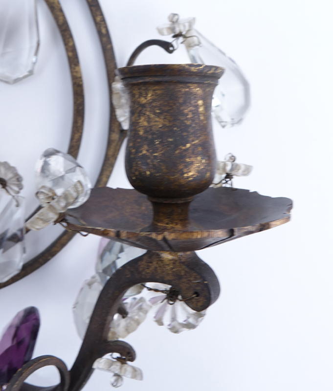 Pair of Vintage Brass Lyre Sconces with Amethyst and Glass Drops.