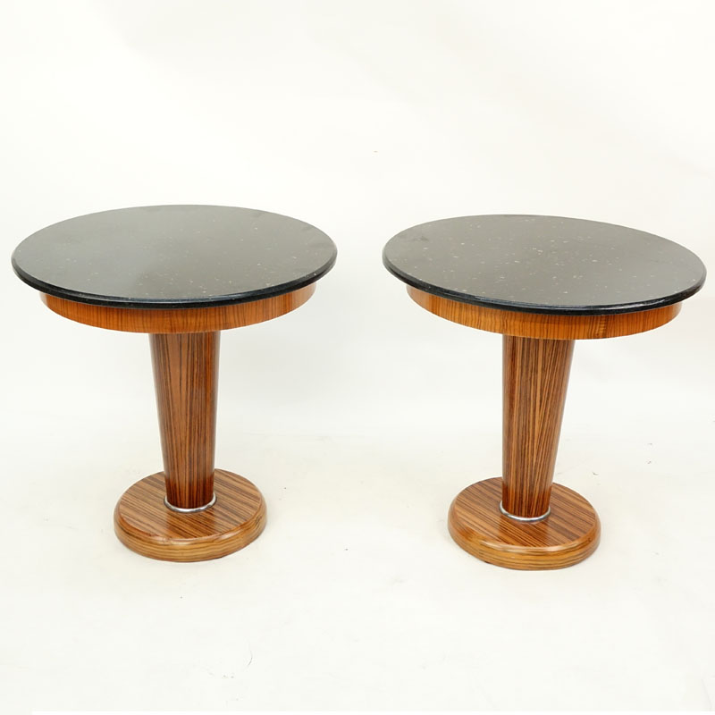 Pair of Mid Century Modern Art Deco Style Granite Top Pedestal Tables.