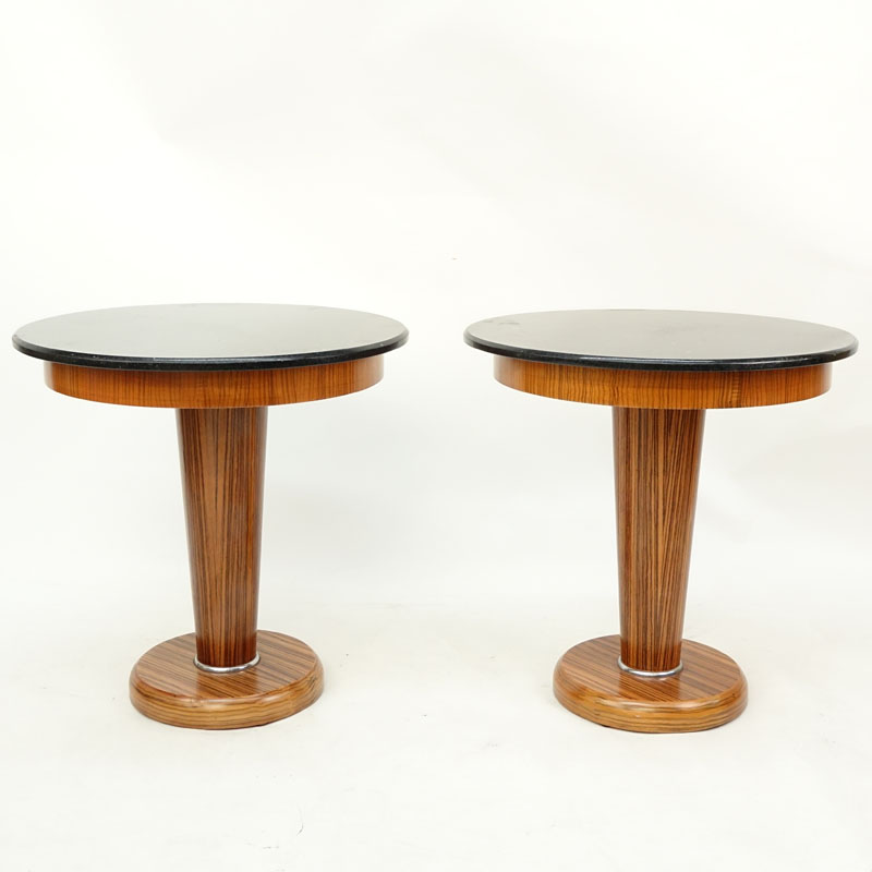 Pair of Mid Century Modern Art Deco Style Granite Top Pedestal Tables.