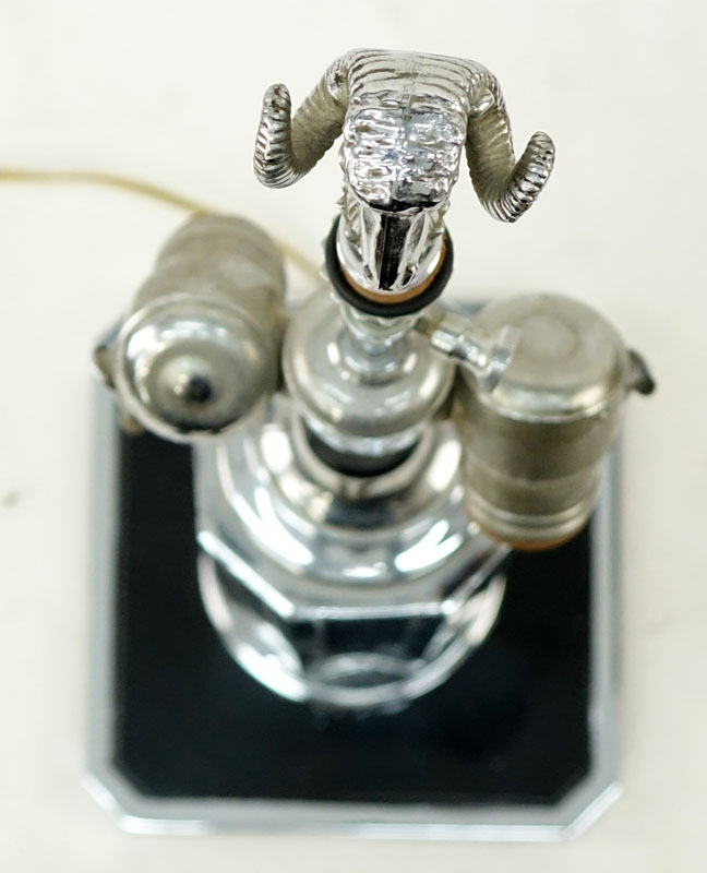 Heavy Art Deco Chrome Lamp With Rams Head Finial.