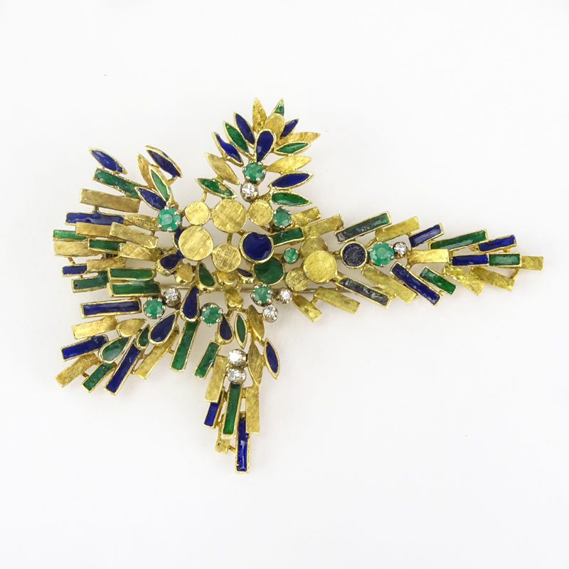 Large Retro 18 Karat Yellow Gold, Emerald, Diamond and Enamel Spray Brooch. 