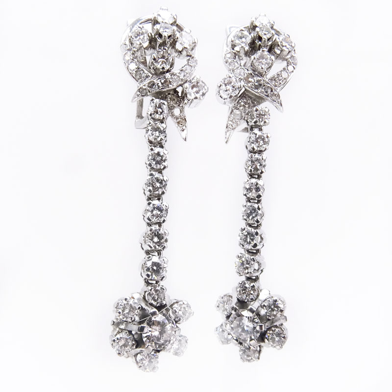 Vintage Pair of Approx. 3.5 Carat Round Brilliant Cut Diamond and 18 Karat White Gold Chandelier Earrings.