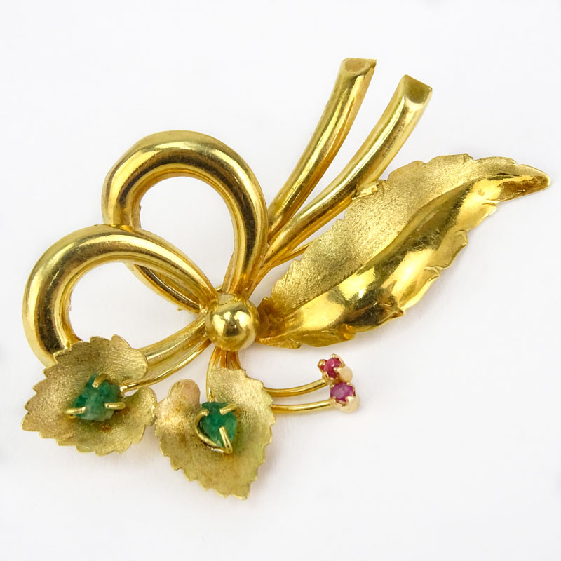 Vintage 18 Karat Yellow Gold, Emerald and Ruby Spray Brooch. 