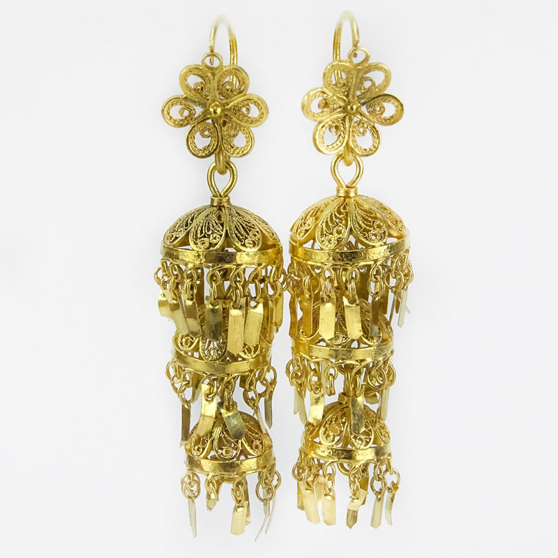 Vintage High Karat Yellow Gold Filigree Tassel Earrings.