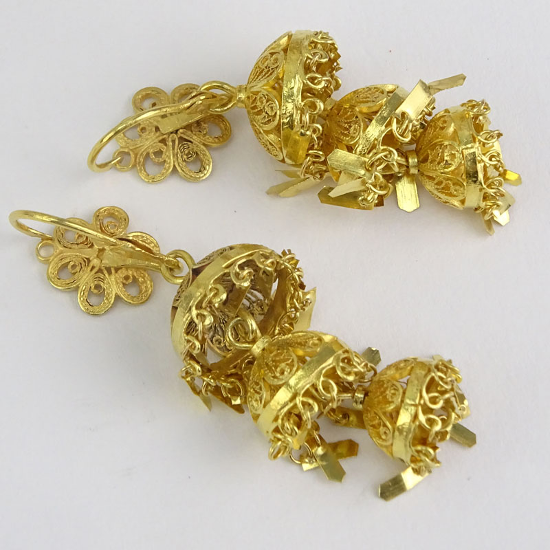 Vintage High Karat Yellow Gold Filigree Tassel Earrings.