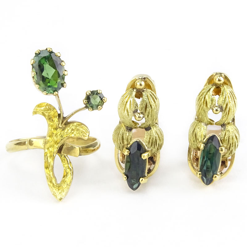 Vintage Green Tourmaline and 18 Karat Yellow Gold Earring and Ring Suite.