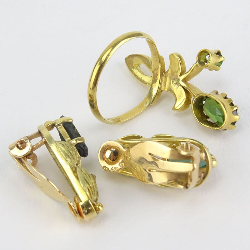 Vintage Green Tourmaline and 18 Karat Yellow Gold Earring and Ring Suite.