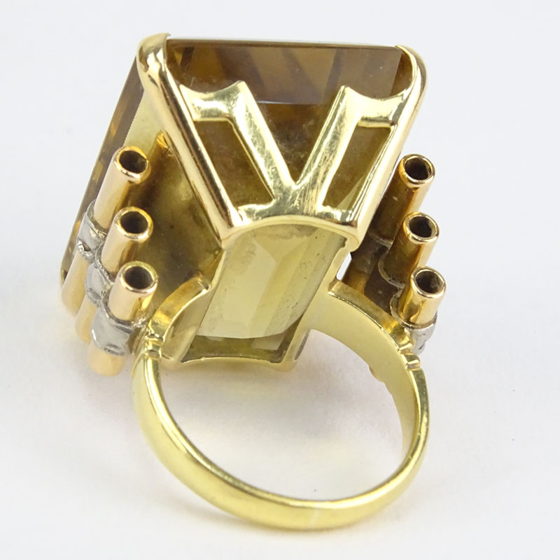 Large Retro Emerald Cut Topaz and 18 Karat Gold Ring.