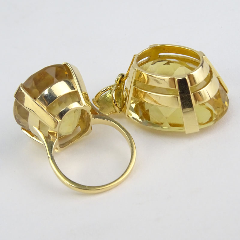 Large Oval Cut Yellow Topaz and 18 Karat Yellow Gold Ring and Pendant Suite.