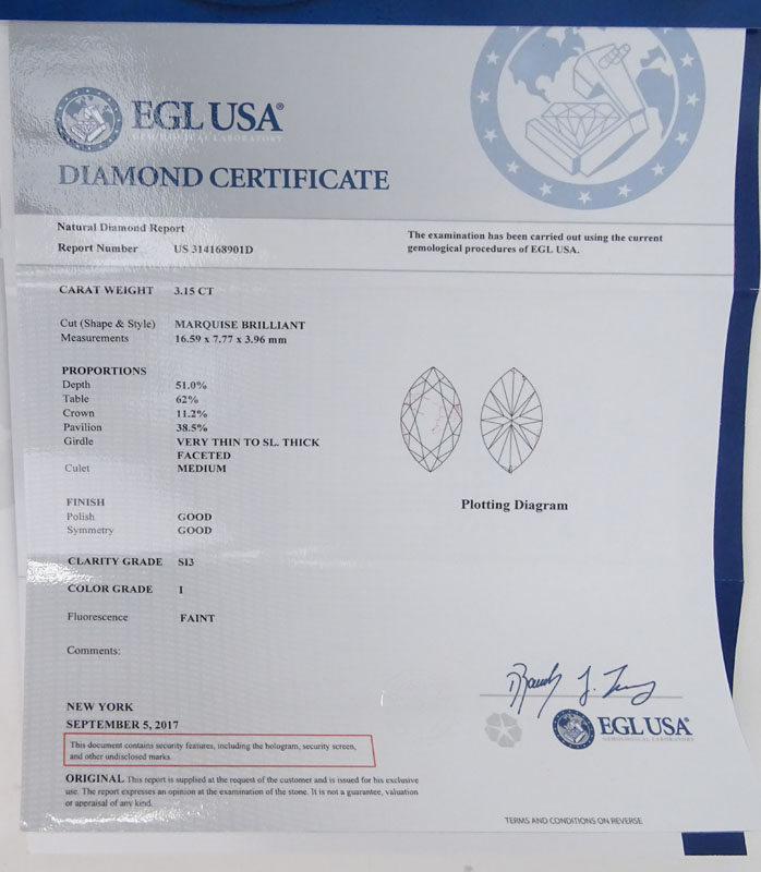 EGL Certified Antique 3.15 Carat Marquise Cut Diamond and Platinum Engagement Ring.