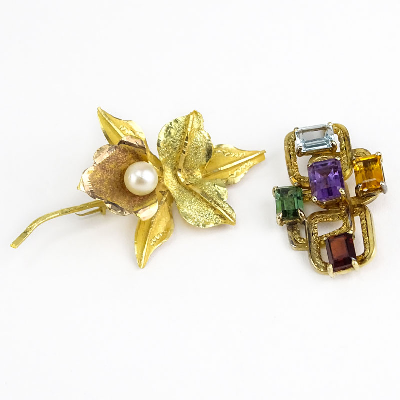 Vintage 18 Karat Yellow Gold and Pearl Flower Brooch together with a Vintage Multi Gemstone and 18 Karat Yellow Gold Pendant.