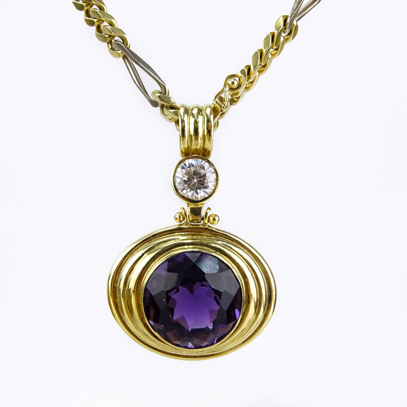 Large Round Cut Amethyst, CZ and 18 Karat Yellow Gold Pendant Necklace. 