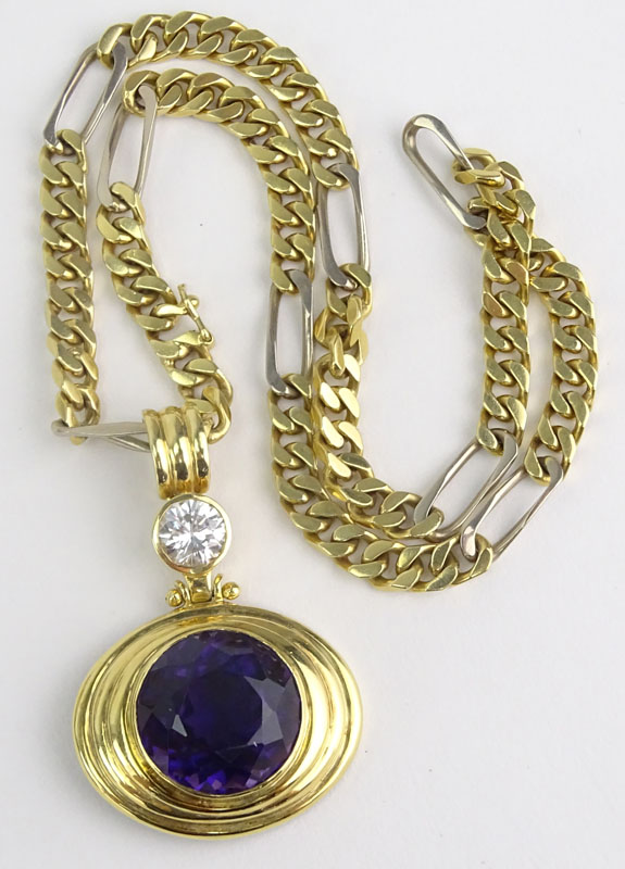 Large Round Cut Amethyst, CZ and 18 Karat Yellow Gold Pendant Necklace. 