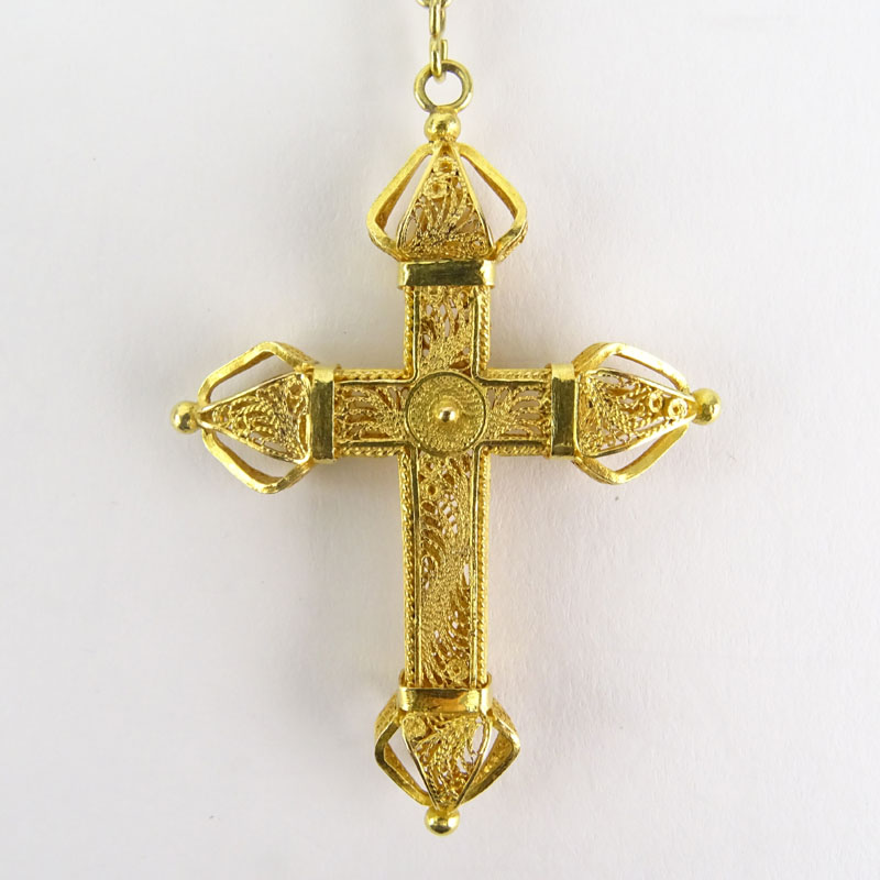 Vintage 10 Karat Filigree Yellow Gold Rosary / Necklace with 18 Karat Filigree Yellow Gold Cross Pendant.