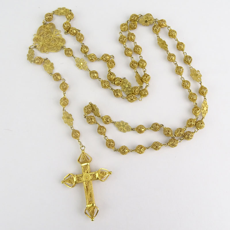 Vintage 10 Karat Filigree Yellow Gold Rosary / Necklace with 18 Karat Filigree Yellow Gold Cross Pendant.