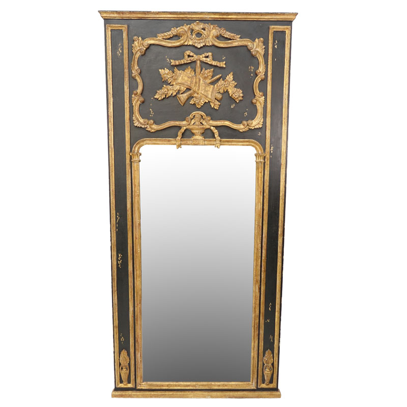 Large Italian Gilt and Painted Carved Wood Mirror.