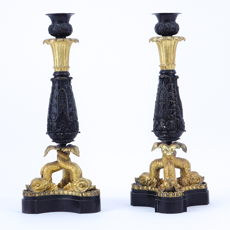 19/20th Century French Empire Style Part-Gilt Bronze Candlesticks.