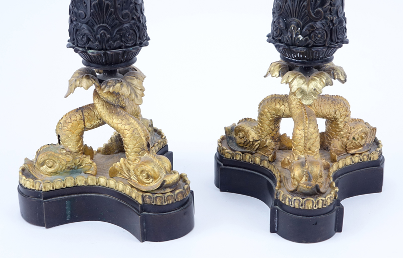 19/20th Century French Empire Style Part-Gilt Bronze Candlesticks.