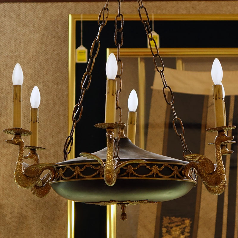 Early 20th Century French Empire Style Tole and Gilt Bronze 6 Arm Hanging Light Fixture.